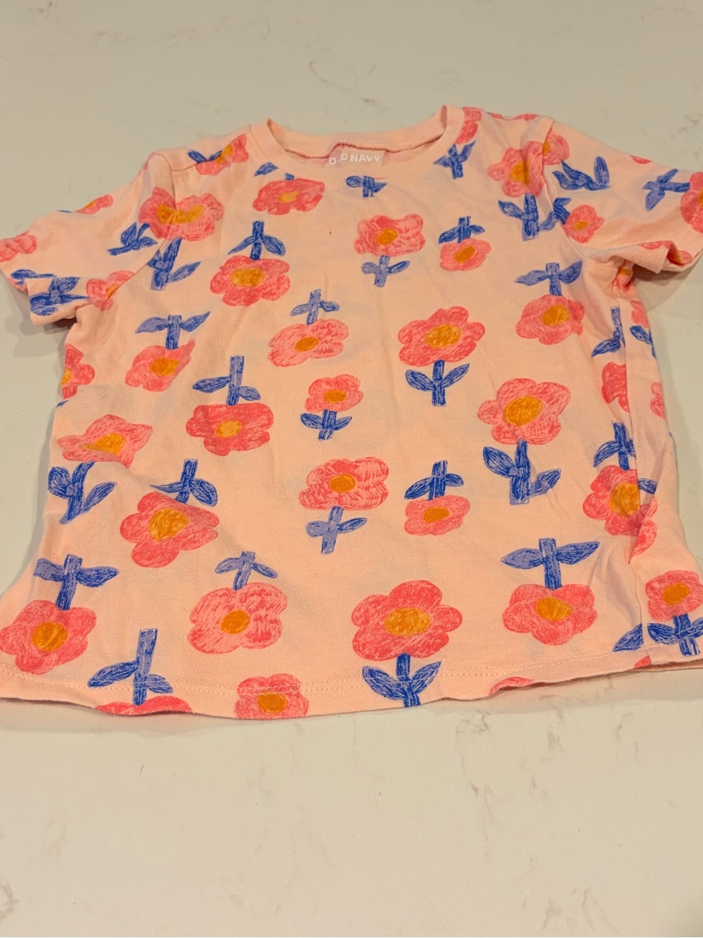 Old Navy Peach Floral Short Sleeve Tee with Blue and Yellow Details